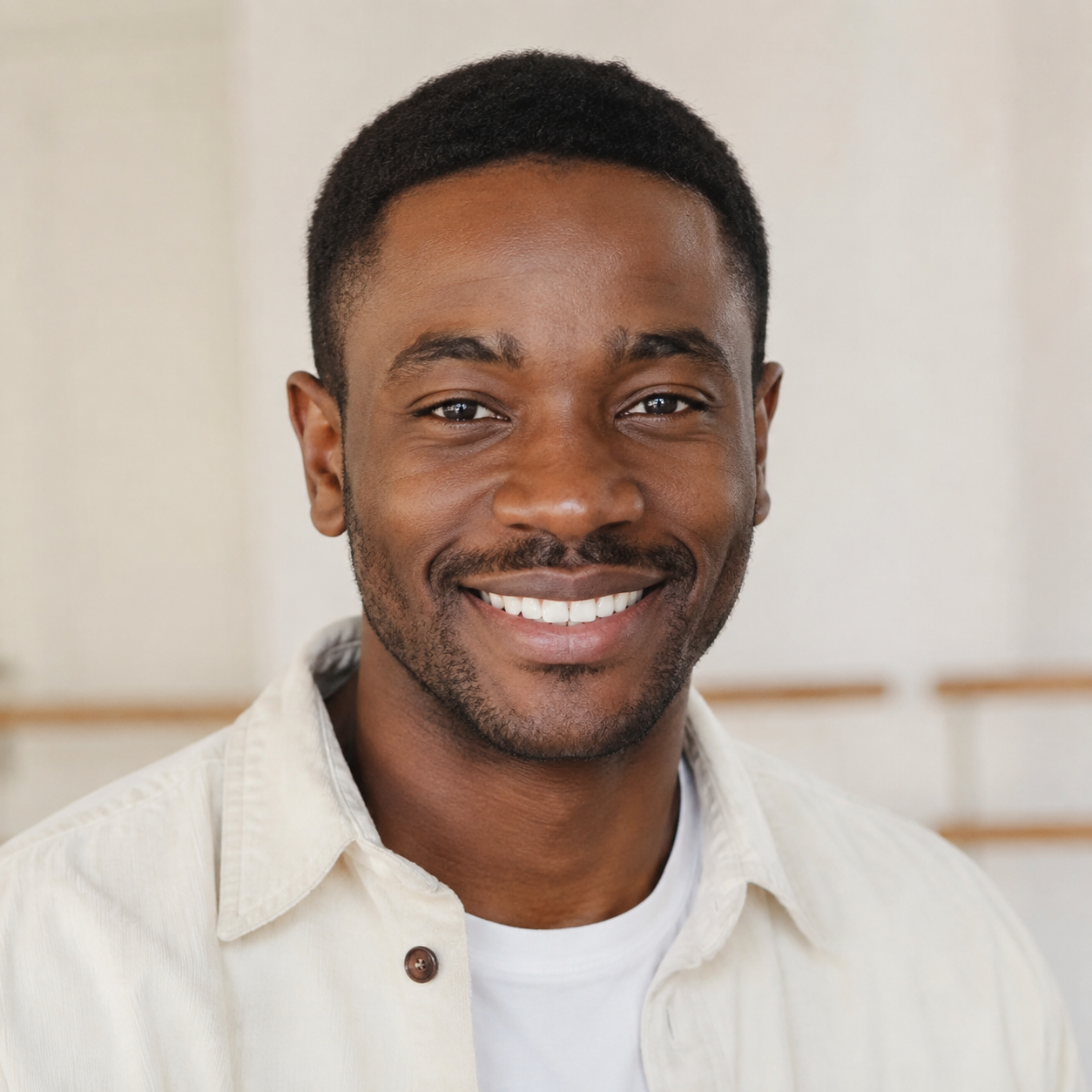 Portrait d’un comédien souriant en surchemise crème